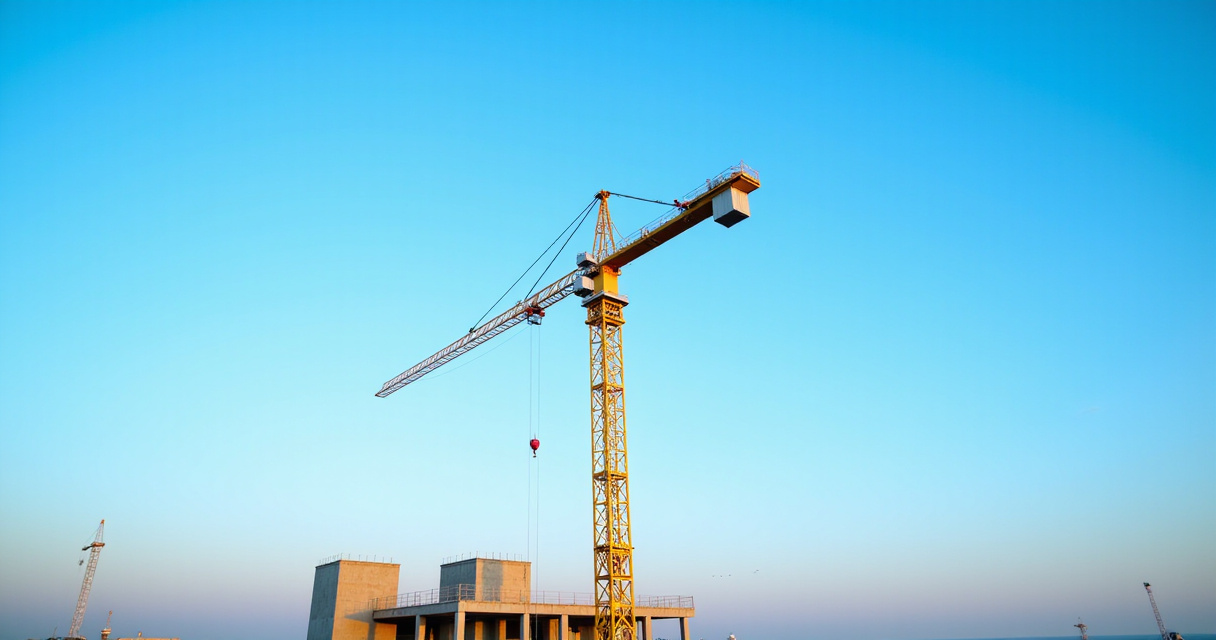 Tower crane on a construction site against a clear blue sky
