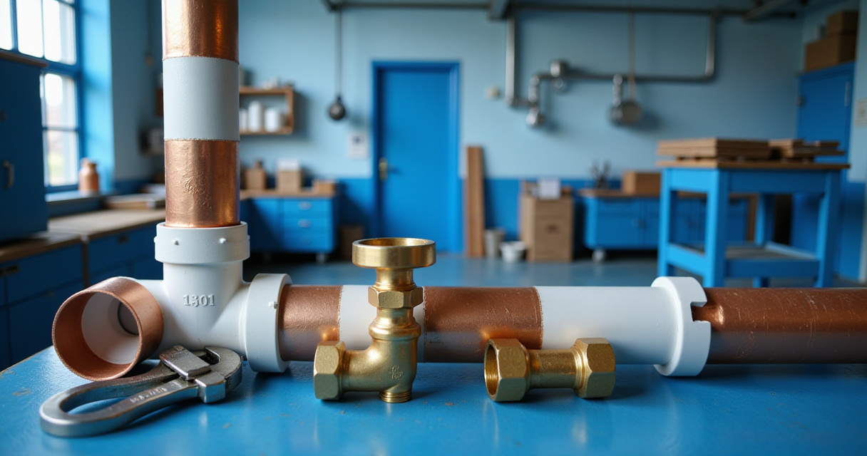 Copper and PVC pipes with brass fittings on a workbench