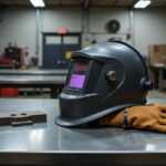 Welding helmet and gloves on a workbench in a metal fabrication shop