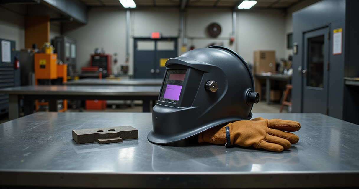 Welding helmet and gloves on a workbench in a metal fabrication shop