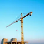 Tower crane on a construction site against a clear blue sky