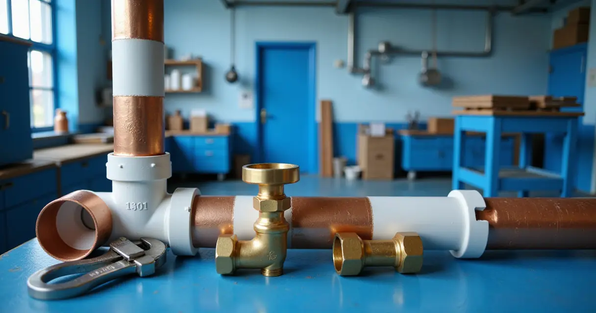 Copper and PVC pipes with brass fittings on a workbench