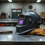 Welding helmet and gloves on a workbench in a metal fabrication shop